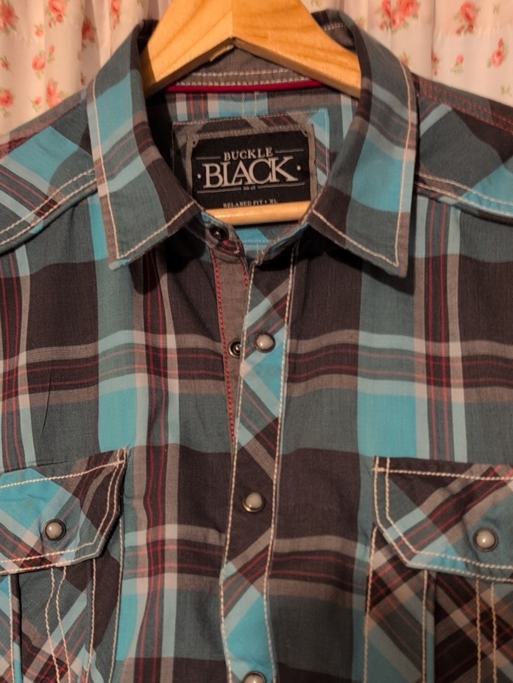 NEW!! Buckle Black Men’s Turquoise & Black Plaid Button-Down Shirt